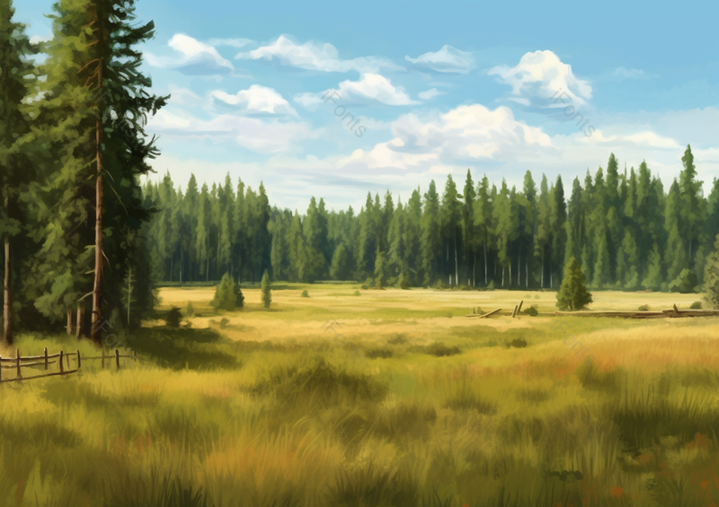 秋天黄色草原平原树林远处高山全景萧瑟风景油画,插画/手绘图,插画/手绘图库,插画/手绘图下载,插画/手绘